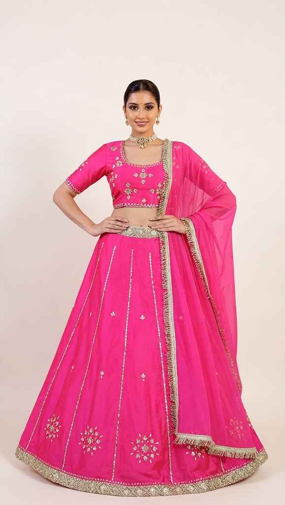 Hot Pink Lehenga Set with Golden Sequin wok