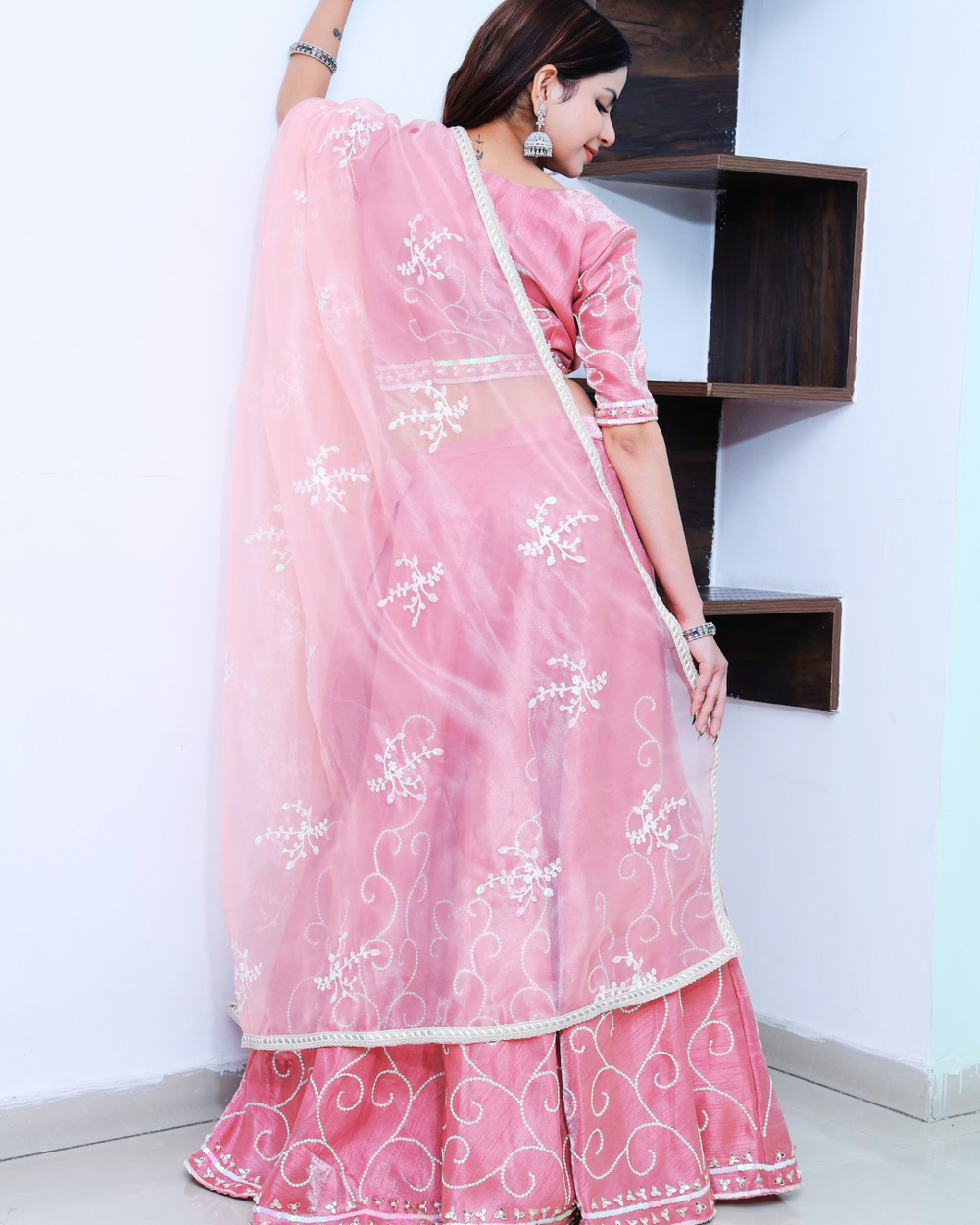 Salmon Pink Lehenga Set with hand embroidered sequin work