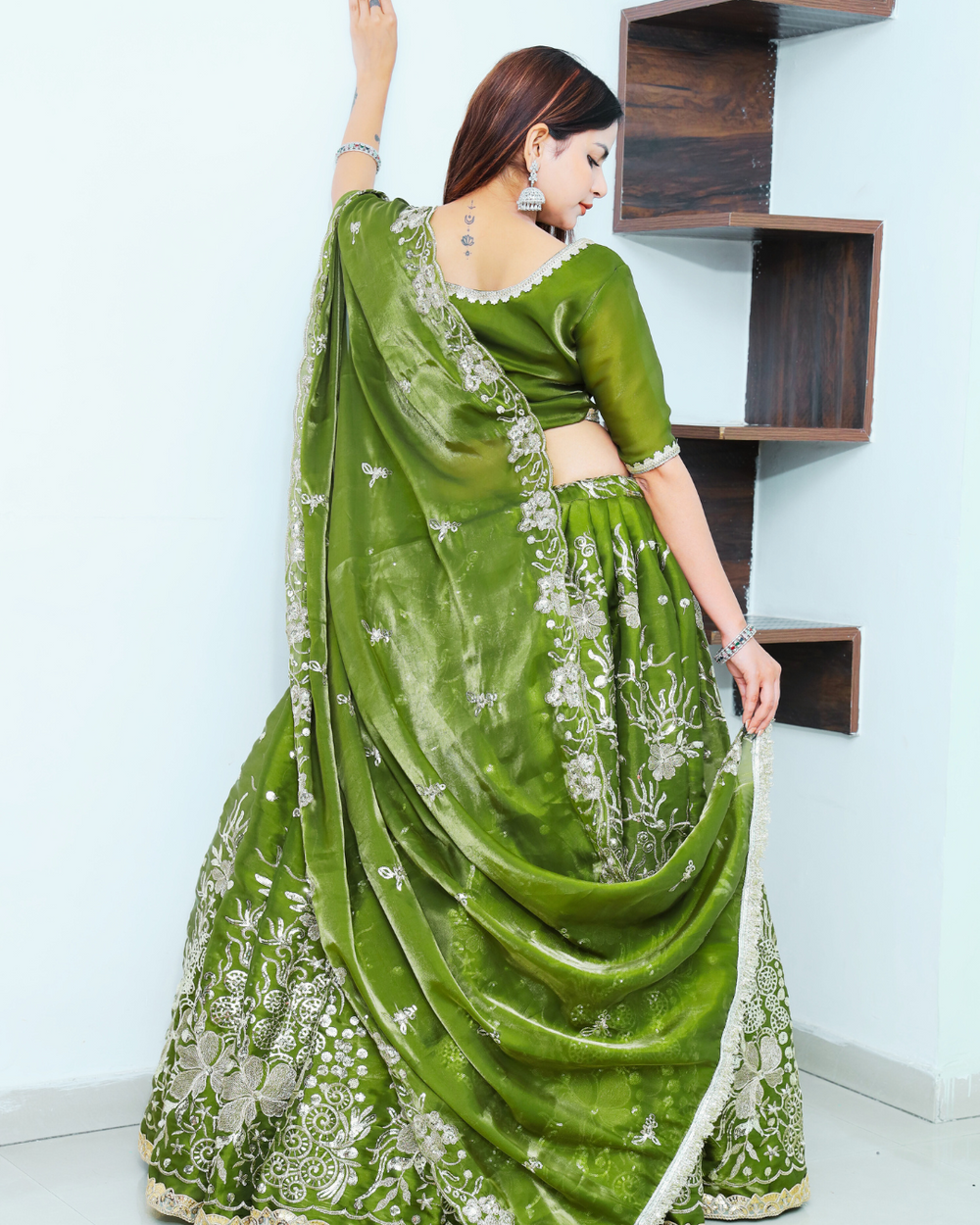 Shamrock Green Lehenga Set with Golden Zari Machine Embroidery