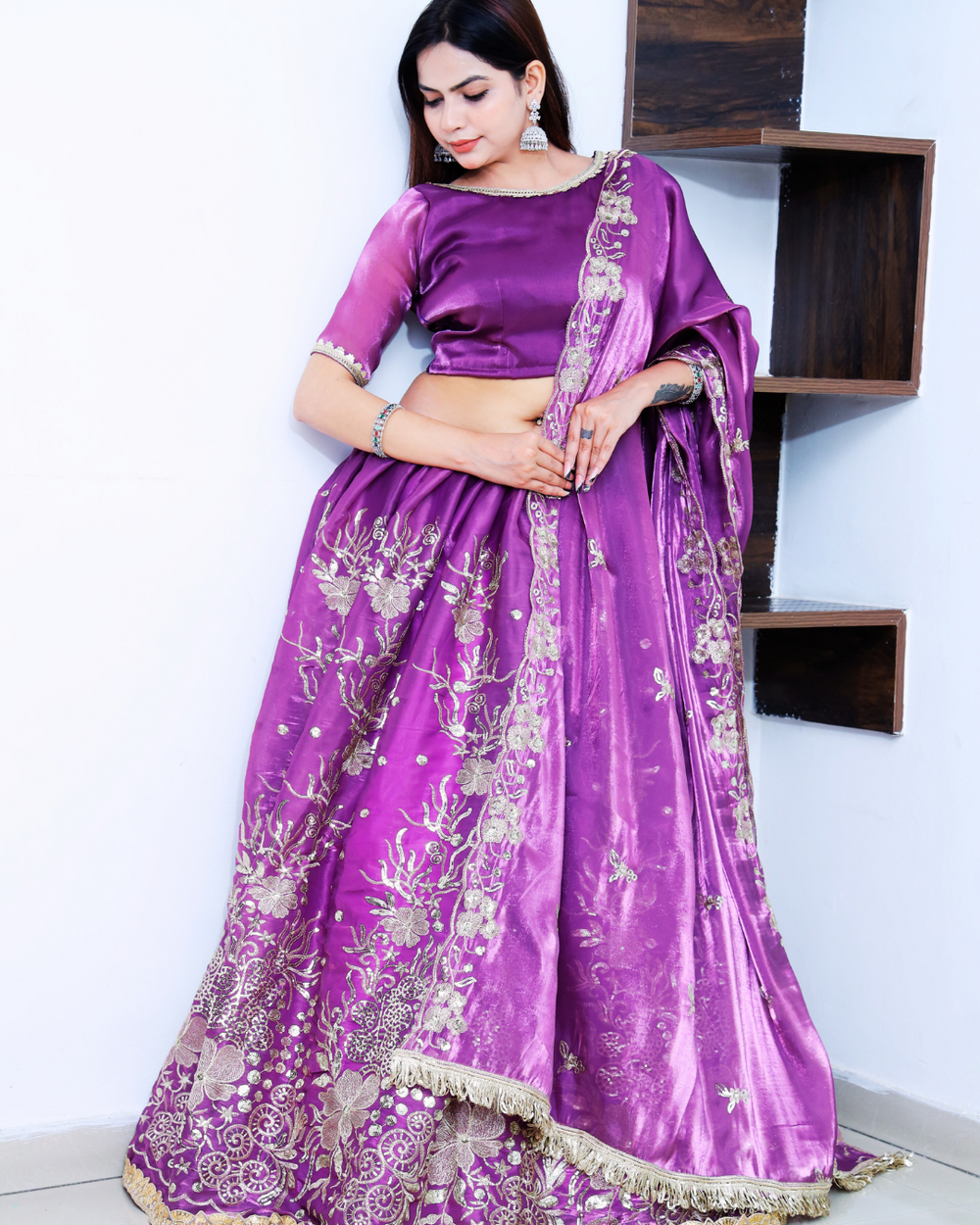 Plum Purple Lehenga Set with Light Golden Thread Machine Embroidery