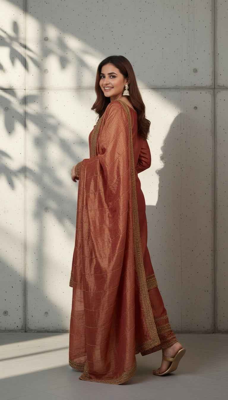 Kurta Set with Dupatta in Mud Marron with Gotta Patti Work