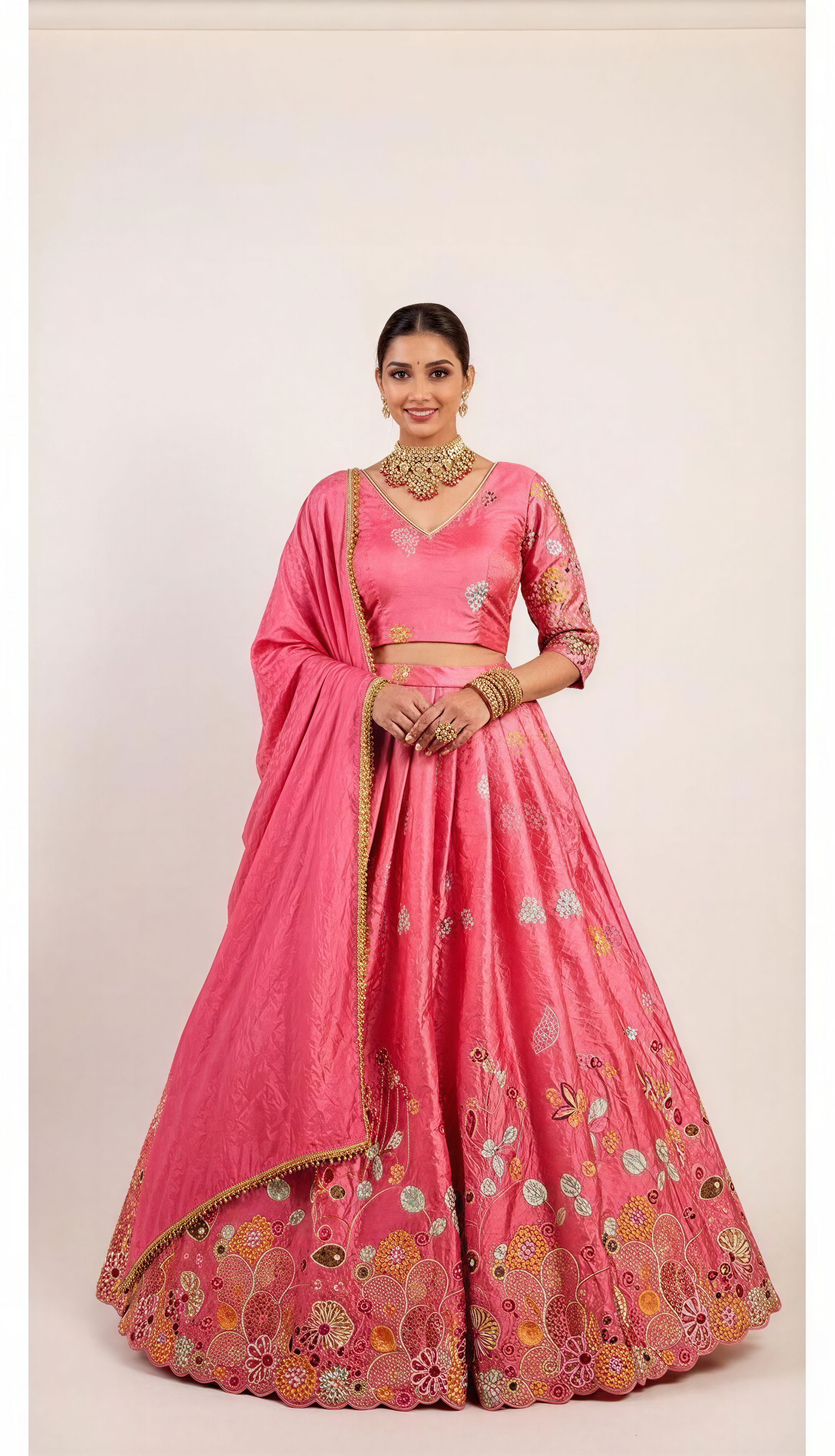 Peachy Pink Machine Thread and Sequins Embroidery Lehenga Set