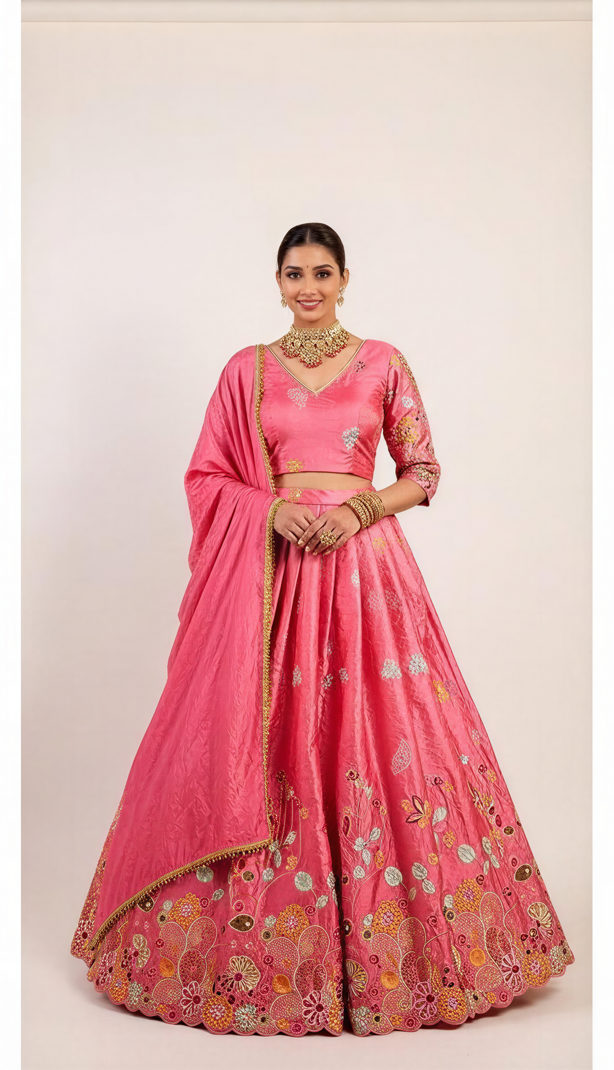 Peachy Pink Machine Thread and Sequins Embroidery Lehenga Set
