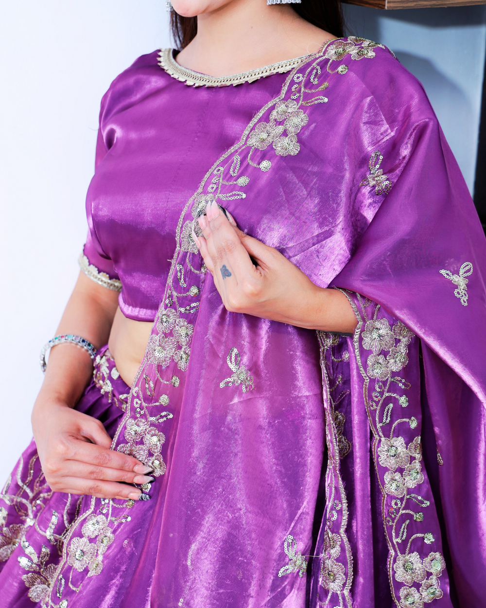 Plum Purple Lehenga Set with Light Golden Thread Machine Embroidery