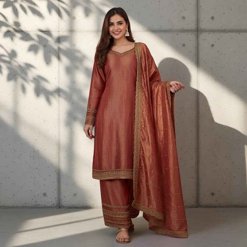 Kurta Set with Dupatta in Mud Marron with Gotta Patti Work