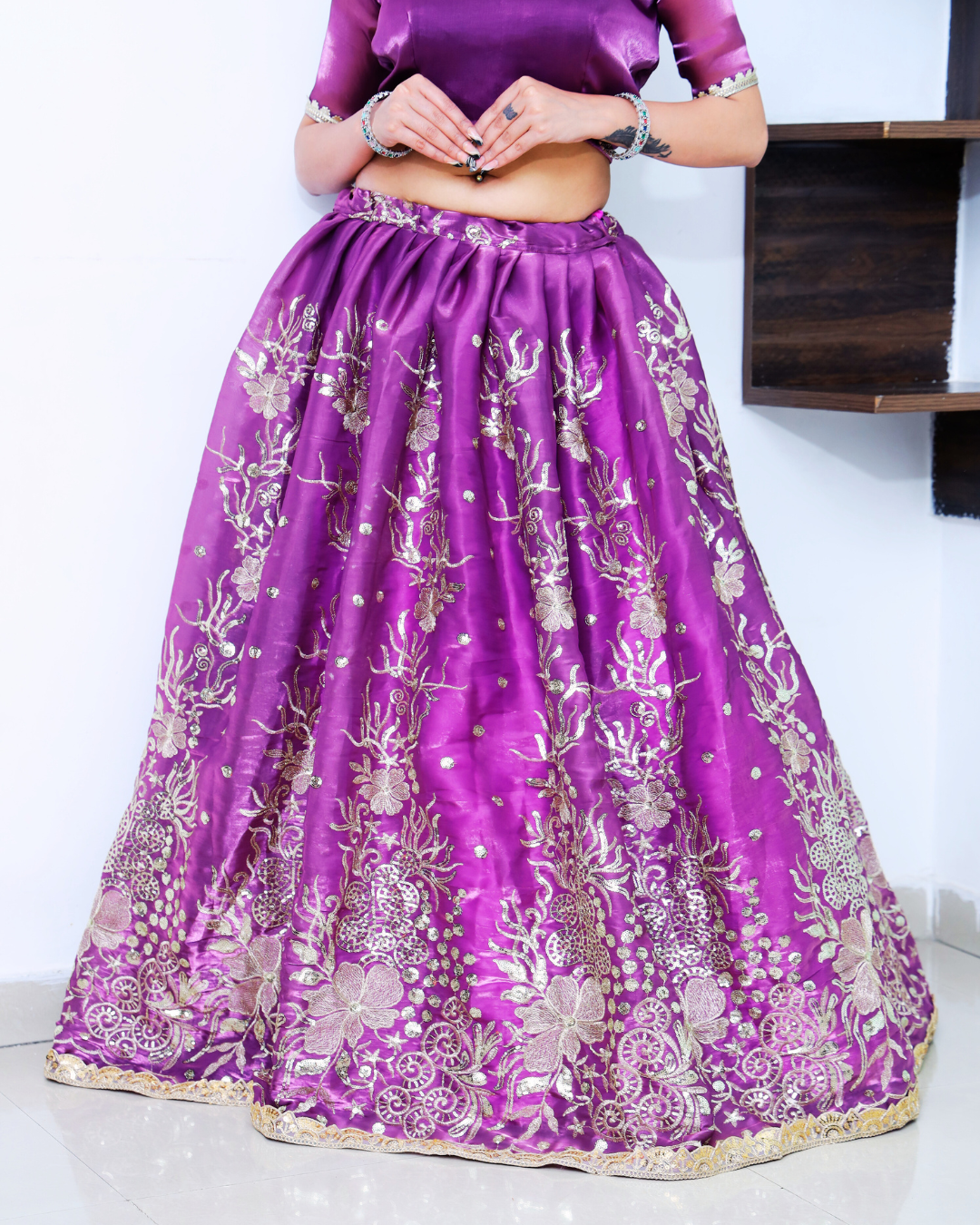 Plum Purple Lehenga Set with Light Golden Thread Machine Embroidery