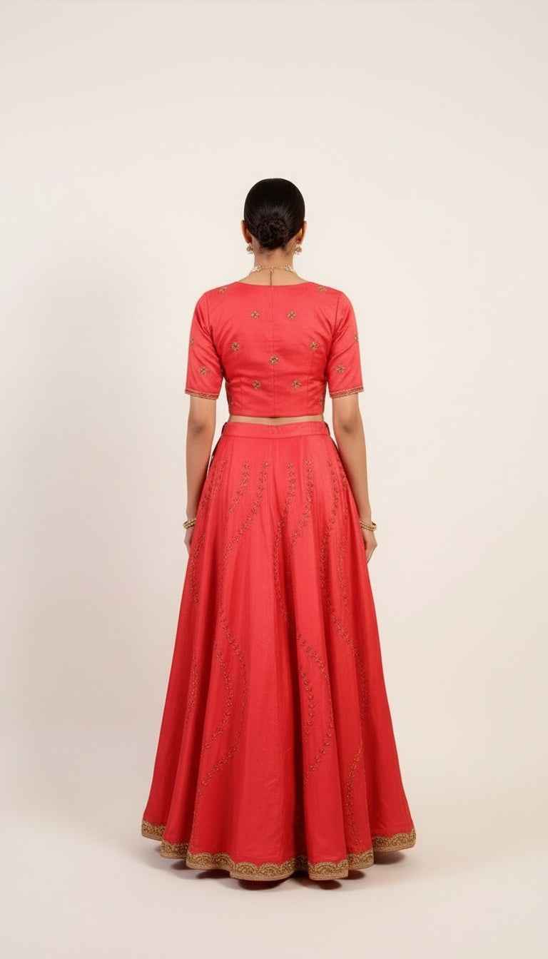 Sunrise Red Lehenga Set with Golden Sequin and Beads Handwork