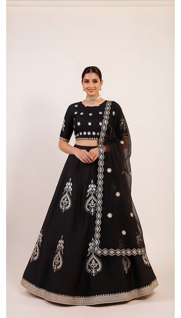 Black Lehenga set with hand embroidered with Light baby Pink sequin