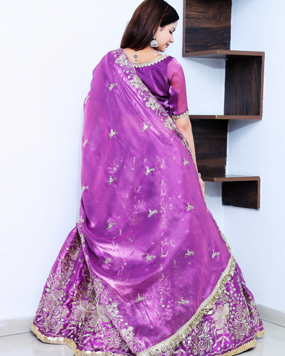 Plum Purple Lehenga Set with Light Golden Thread Machine Embroidery