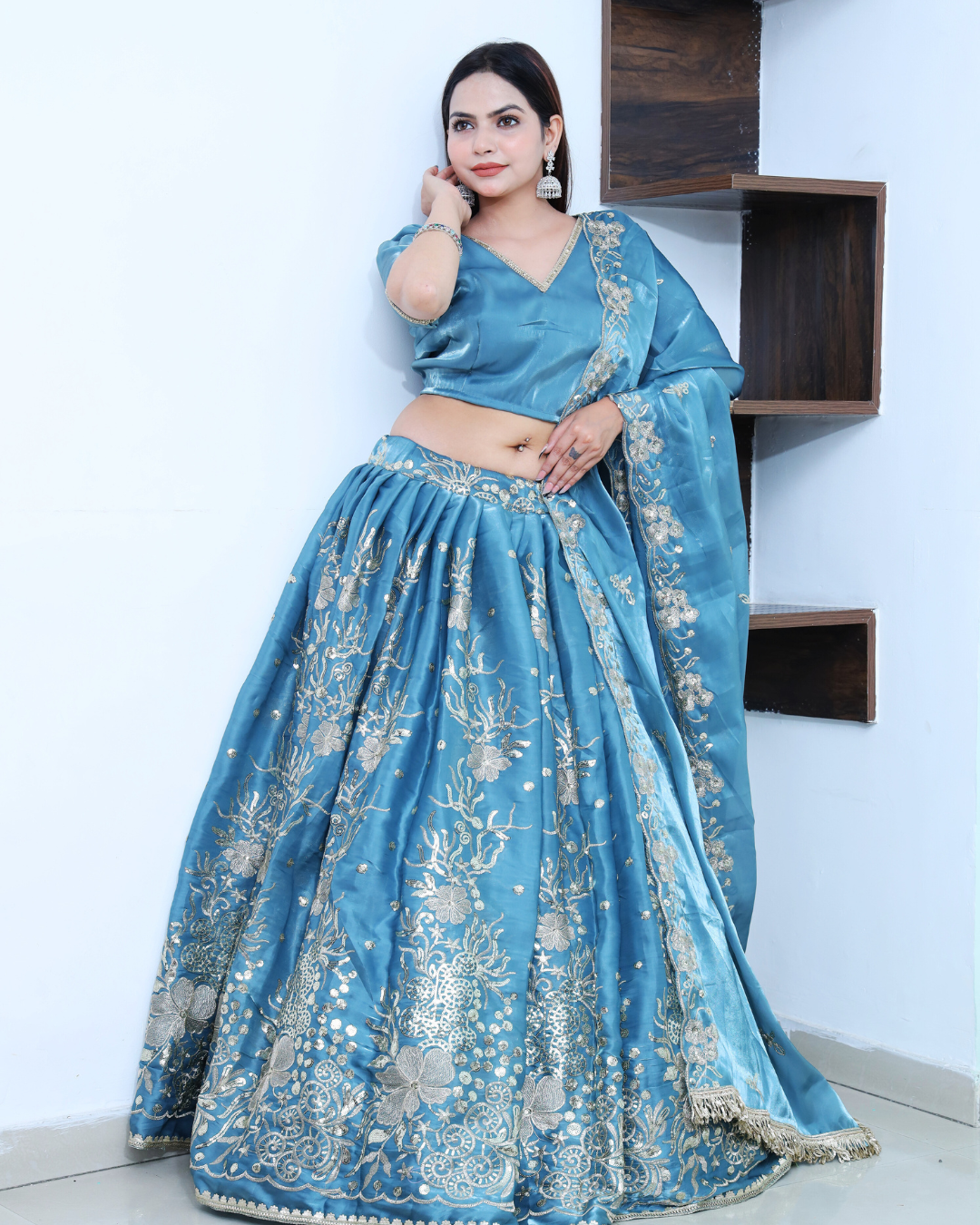 Ocean Blue Lehenga Set with Light Gold Zari Machine Embroidery work