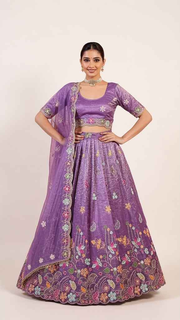 Iris Purple Lehenga Set with Thread Machine Embroidery