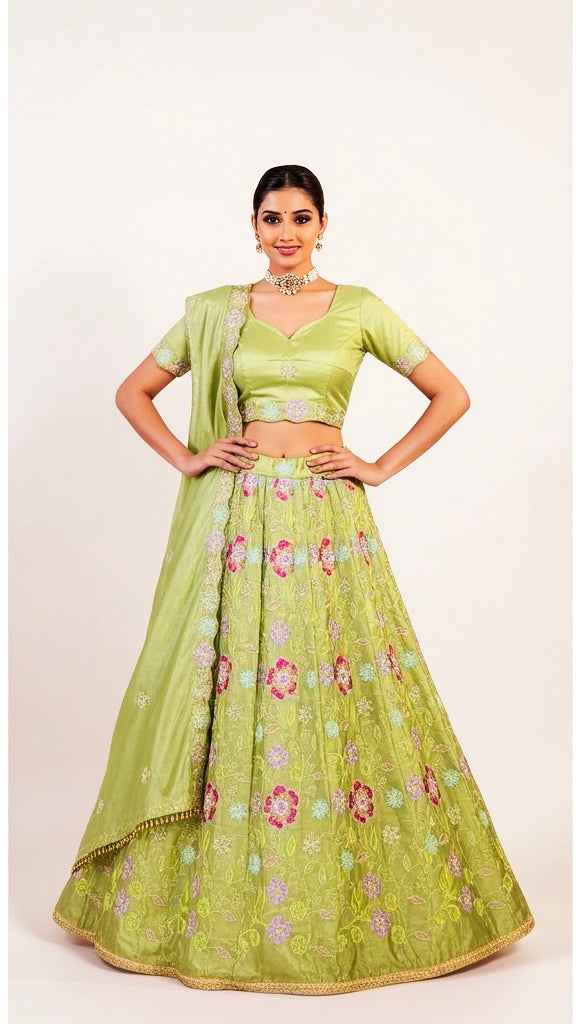 Lime Mint Green Lehenga Set with Thread Machine Embroidery Work