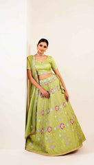 Lime Mint Green Lehenga Set with Thread Machine Embroidery Work