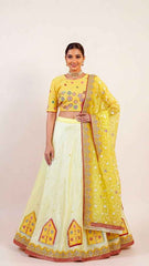 Bright Yellow and Off White Lehenga Set with Sequin Hand Embroidery