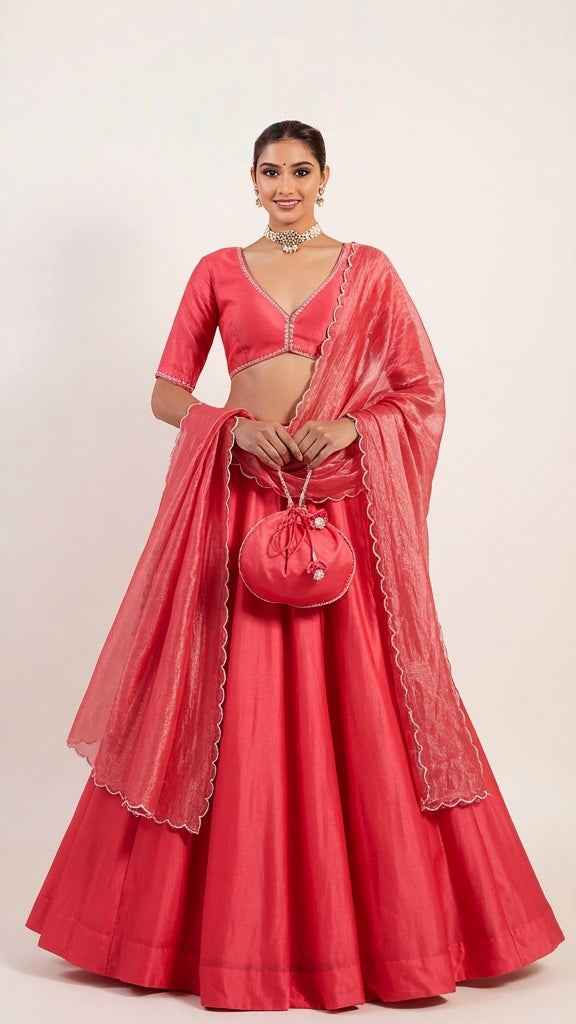 Candy Red Lehenga Set with Tissue Dupatta