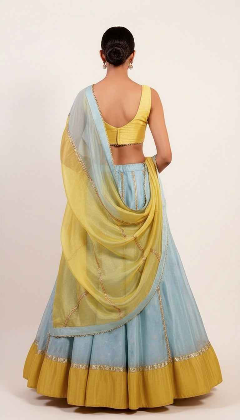 Bright Yellow And Light Blue lehenga Set with Gotta Patti Work