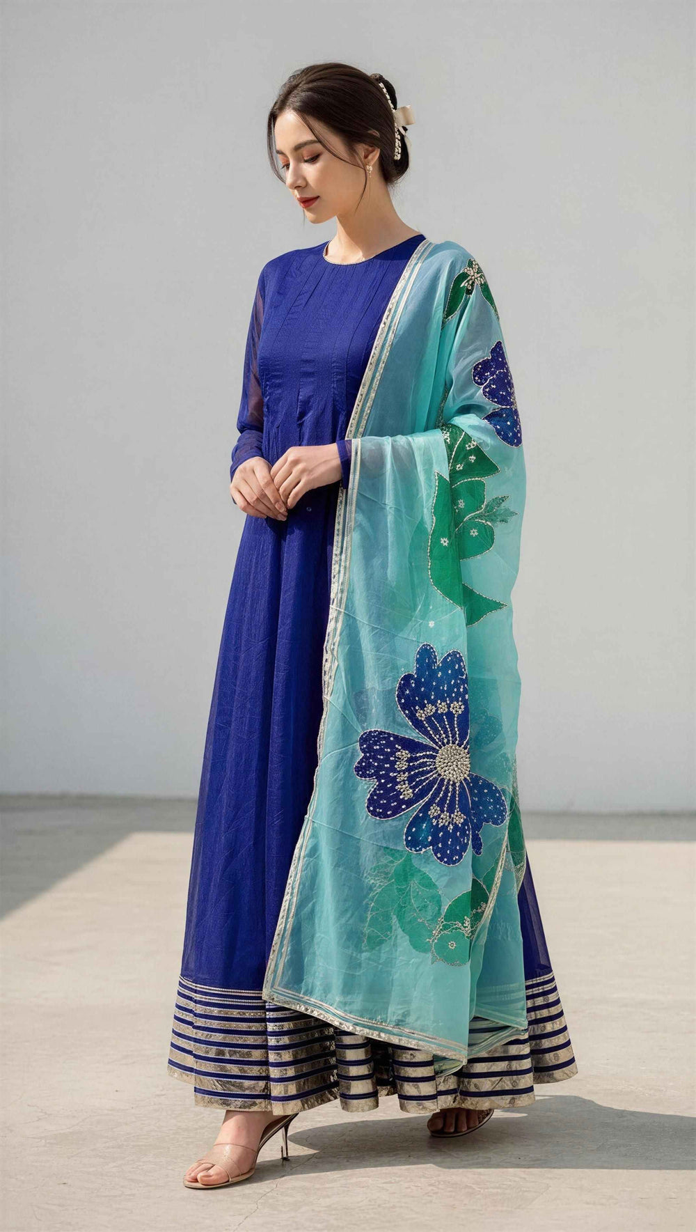 Royal Blue Anarkali Suit Set With Handpainted with embroidery Dupatta