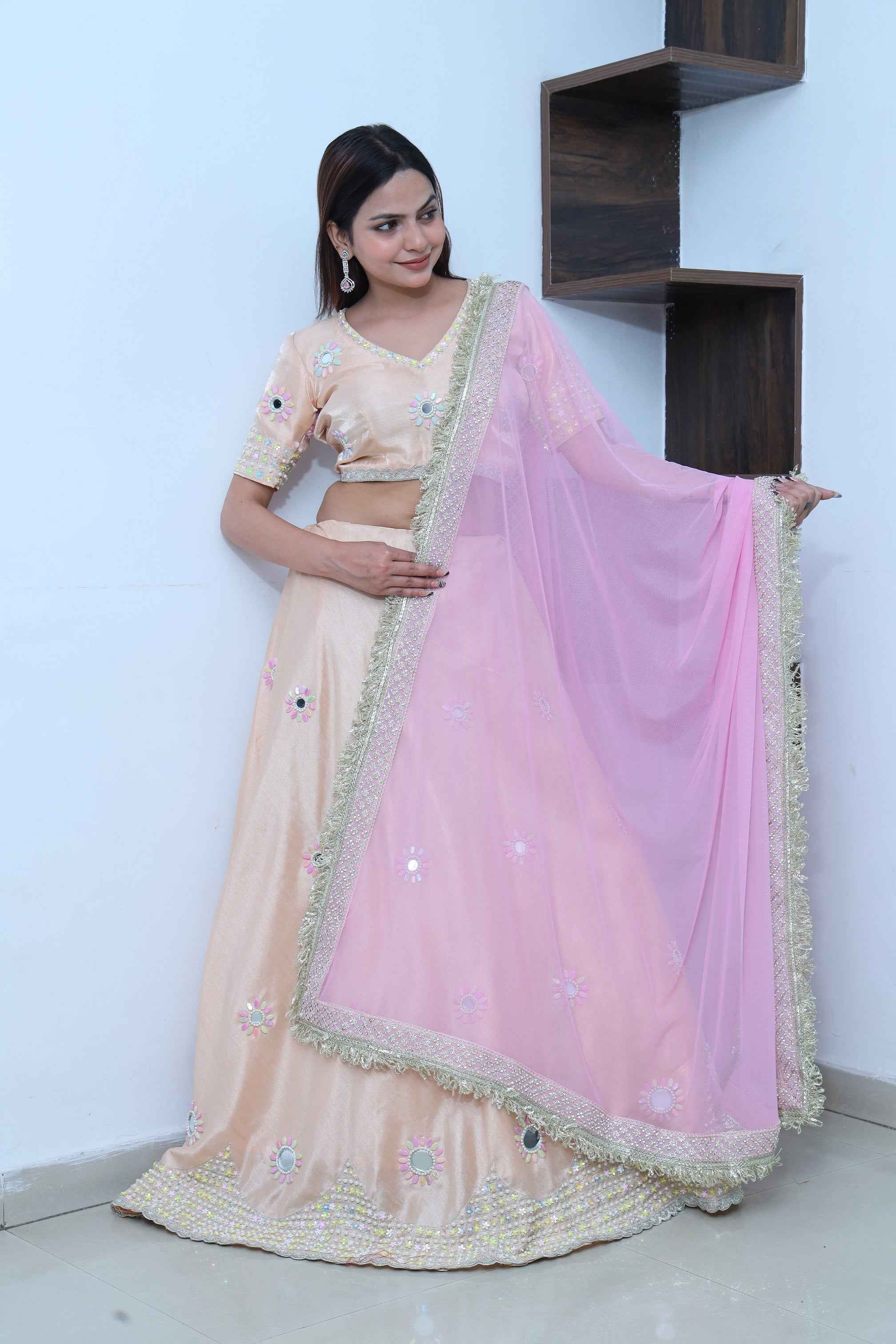 Coral Peach Pink Lehenga Set with Mirror and Beads Embroidery