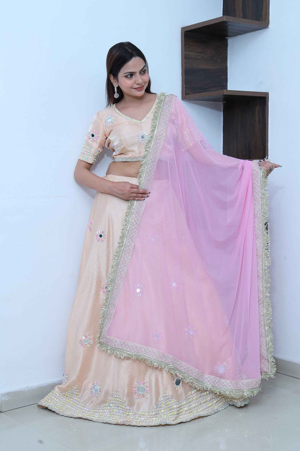 Coral Peach Pink Lehenga Set with Mirror and Beads Embroidery