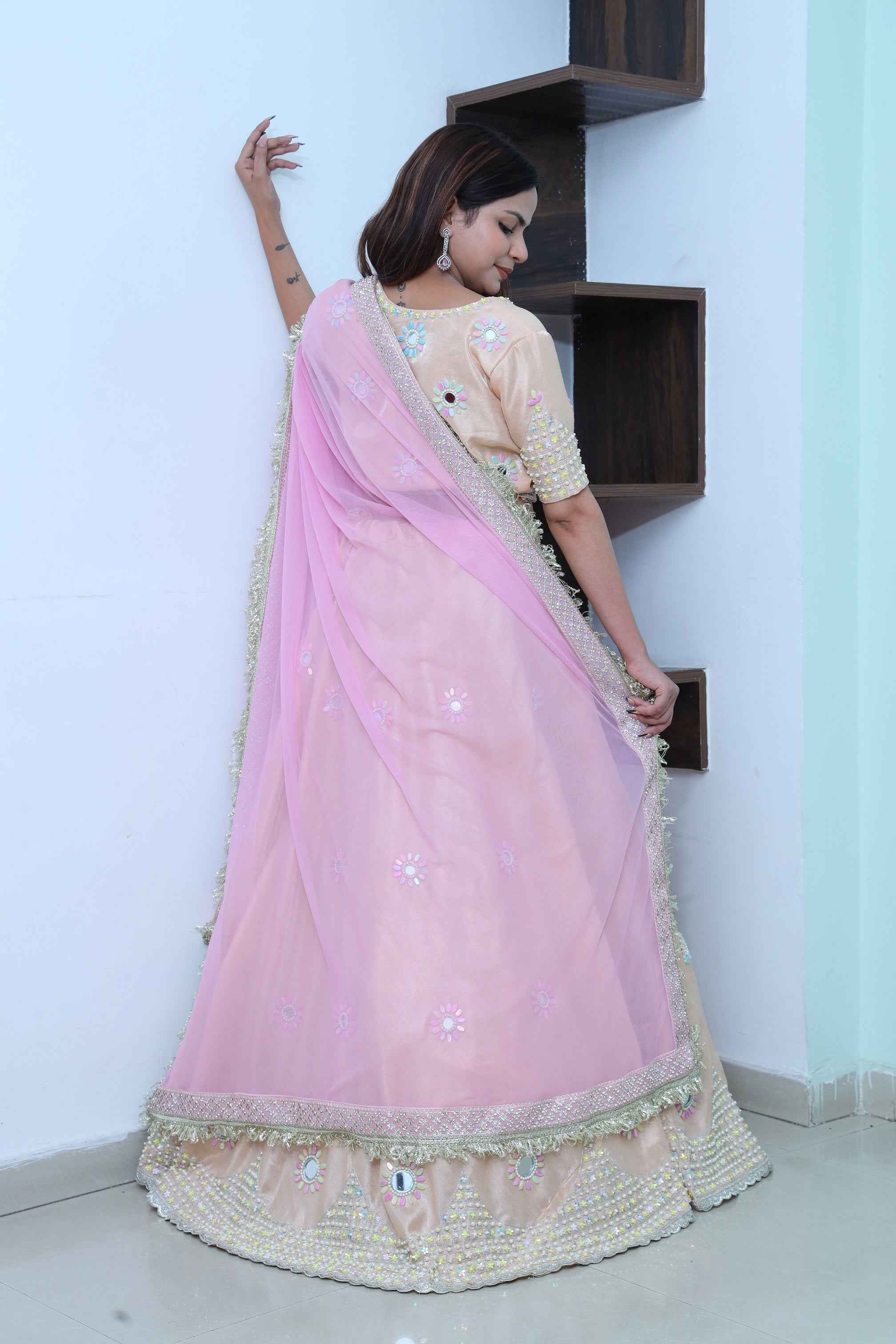 Coral Peach Pink Lehenga Set with Mirror and Beads Embroidery