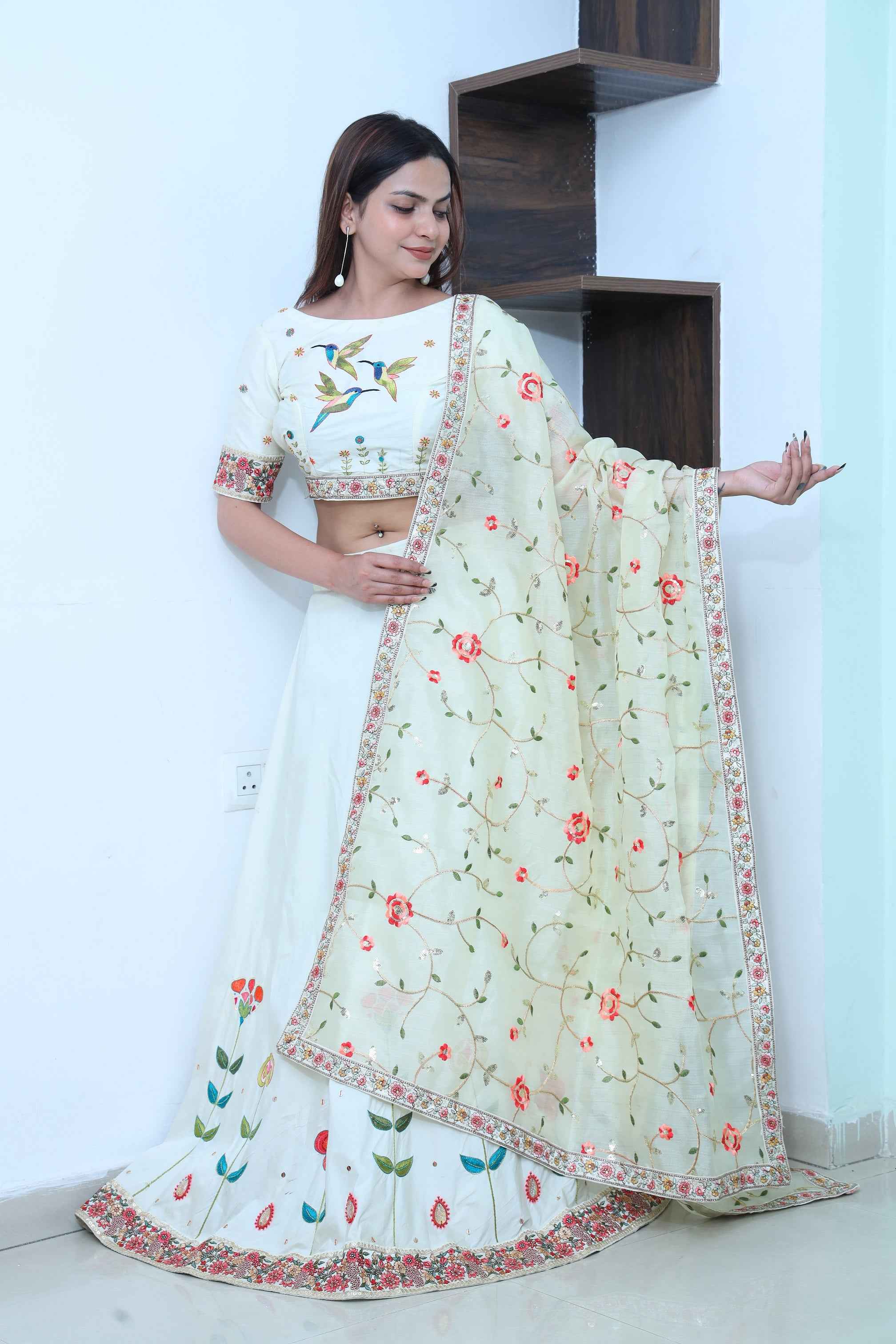 Off White Lehenga Set with Hand Thread Embroidery Work