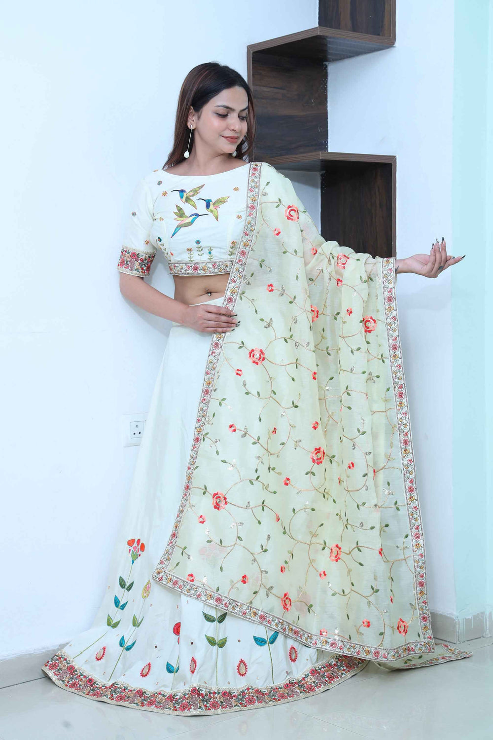Off White Lehenga Set with Hand Thread Embroidery Work