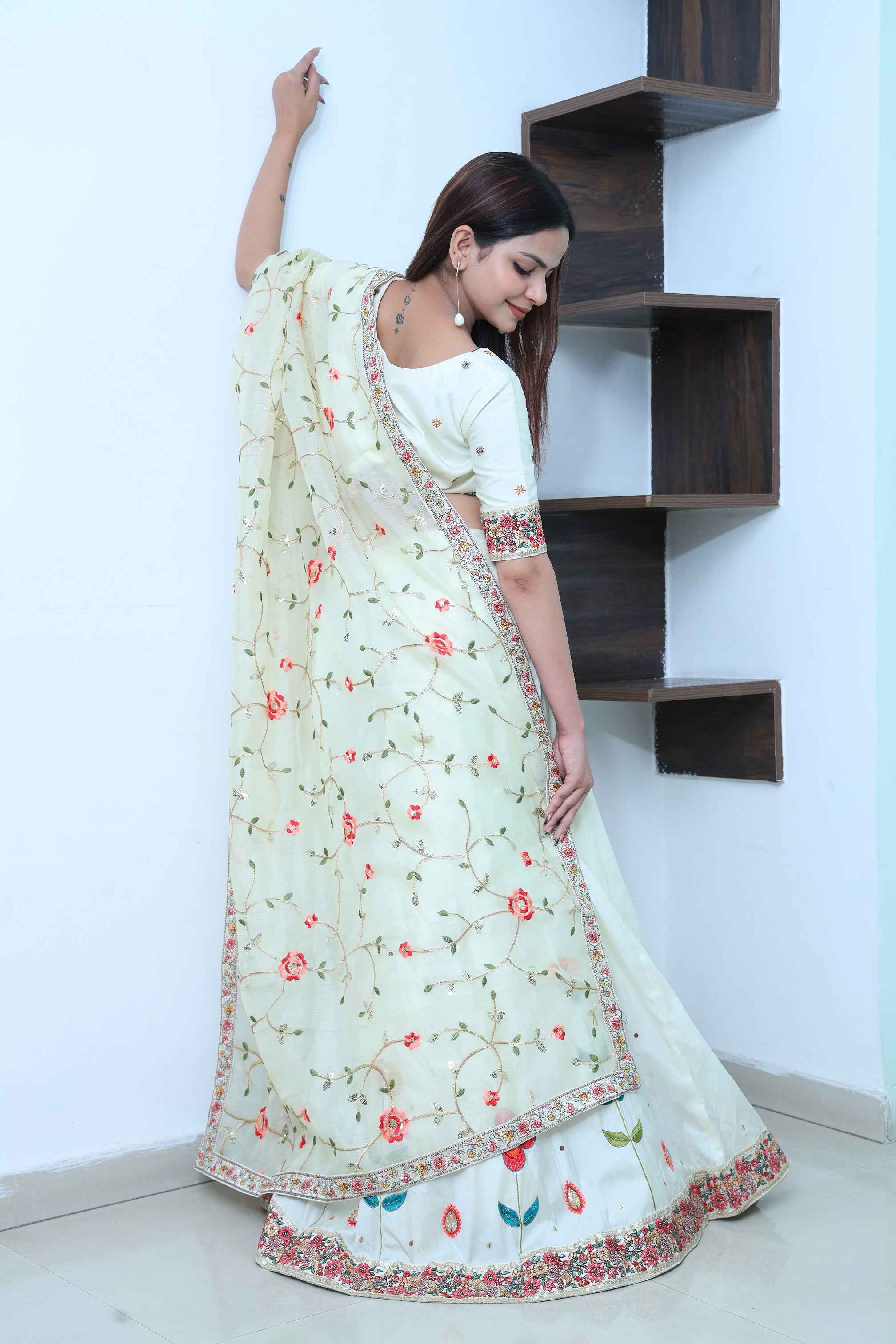 Off White Lehenga Set with Hand Thread Embroidery Work