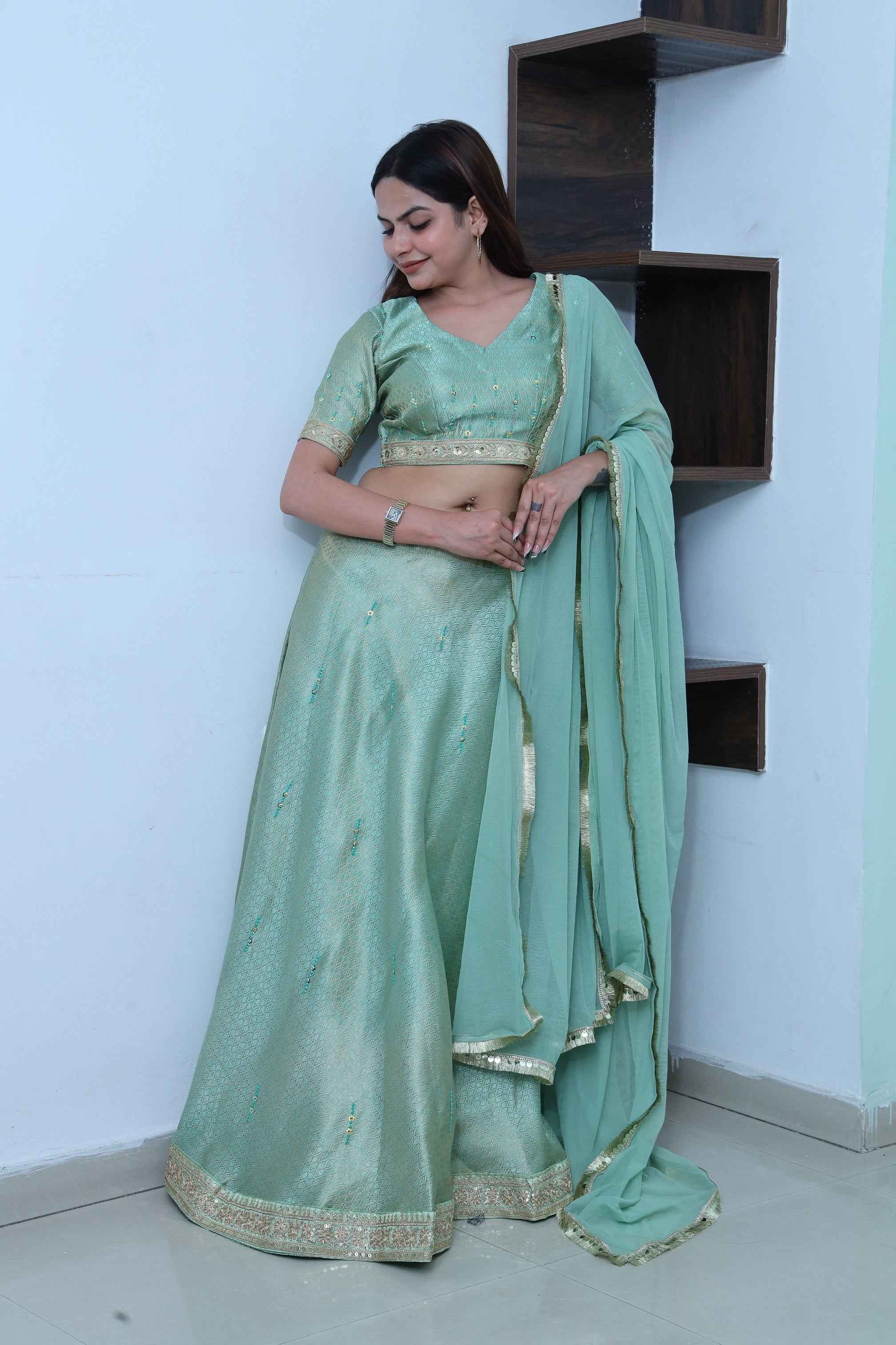 Emerald Cool Green Lahanga Set with Minimistic Beads and Sequin Embroidery work
