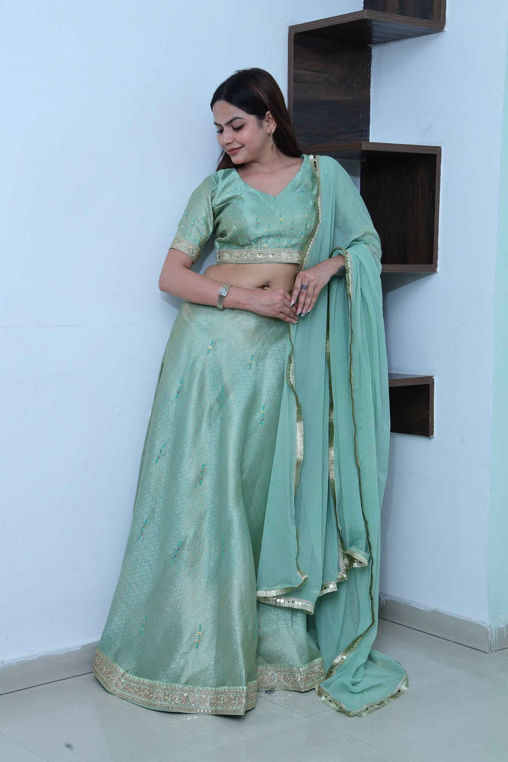 Emerald Cool Green Lahanga Set with Minimistic Beads and Sequin Embroidery work