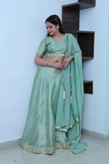 Emerald Cool Green Lahanga Set with Minimistic Beads and Sequin Embroidery work
