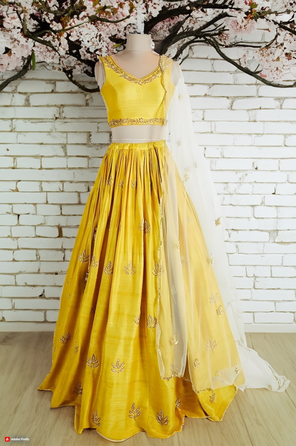 Bright Sunny Yellow lehenga set with golden zari embroidery work