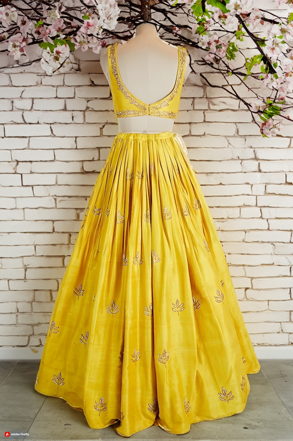 Bright Sunny Yellow lehenga set with golden zari embroidery work INDBERRY Bright Sunny Yellow lehenga set with golden zari embroidery work INDBERRY