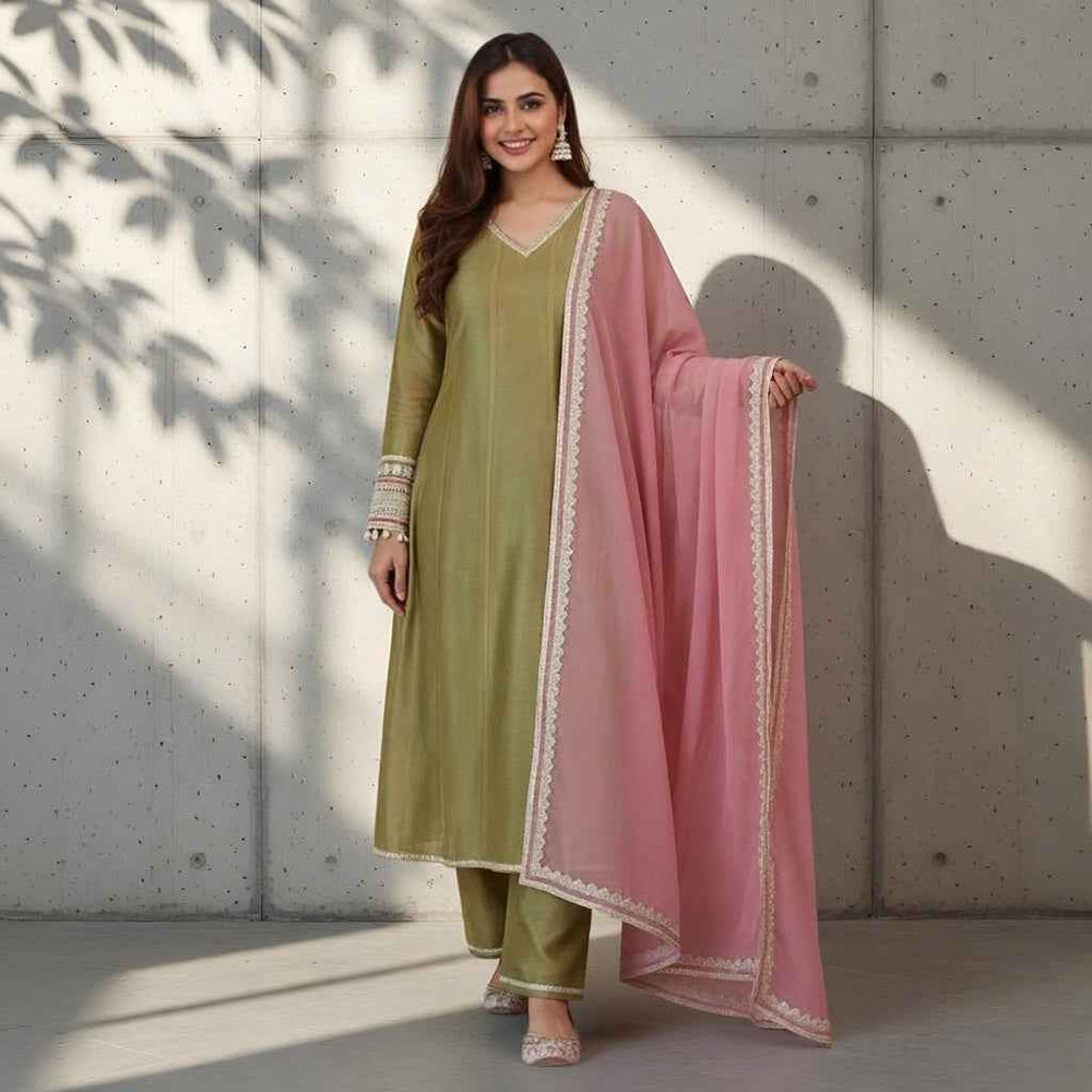 Olive Green Suit Set with Pink Dupatta with Gota Patti Work