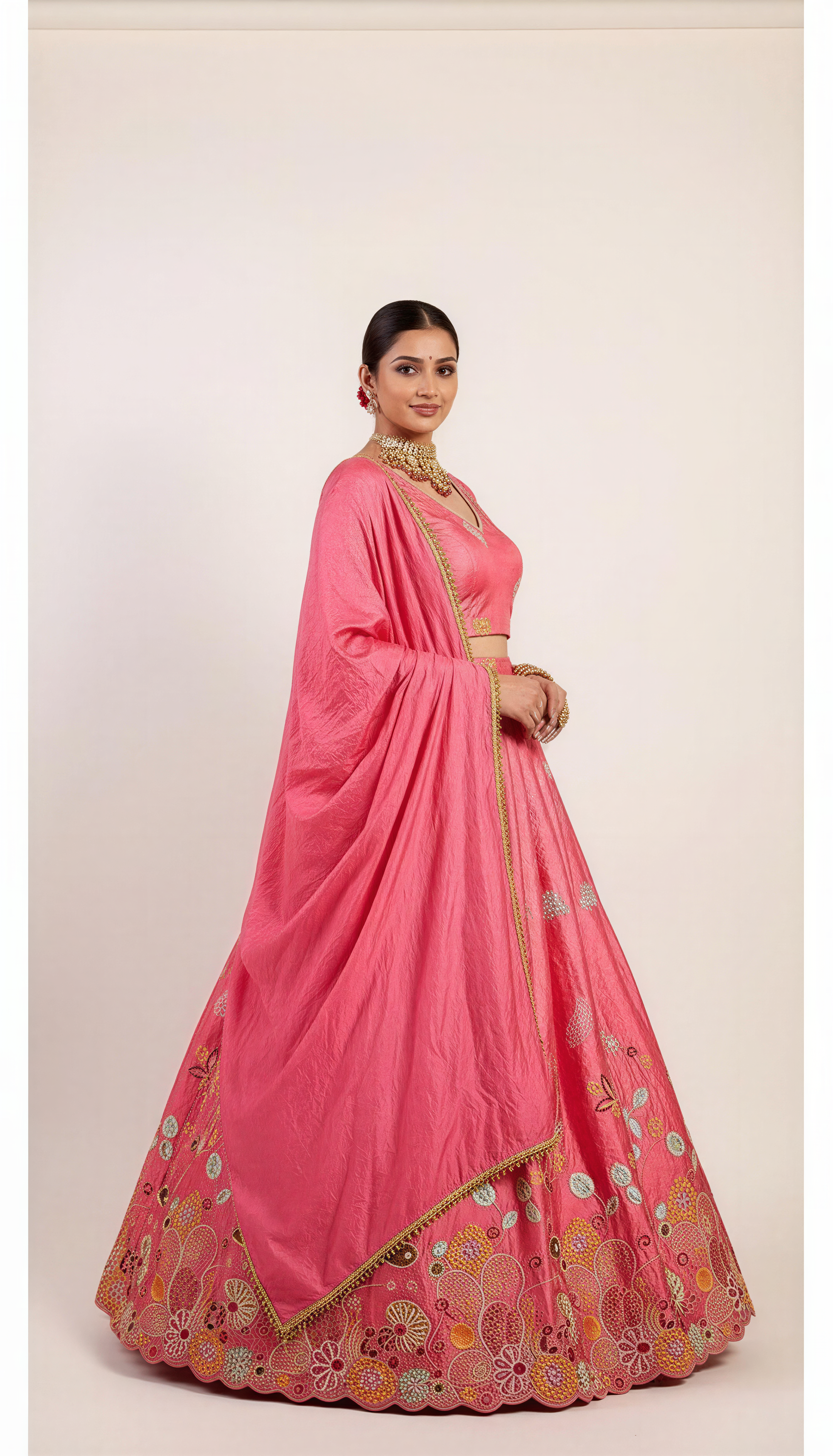 Peachy Pink Machine Thread and Sequins Embroidery Lehenga Set