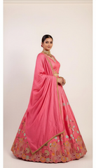 Peachy Pink Machine Thread and Sequins Embroidery Lehenga Set