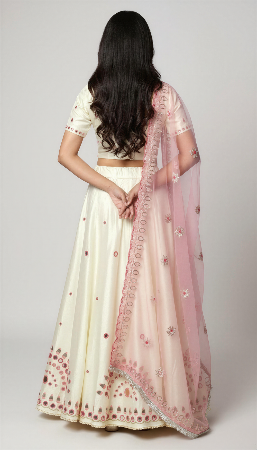 Off White Lehenga Set with Pink Dupatta with mirror & thread embroidery work