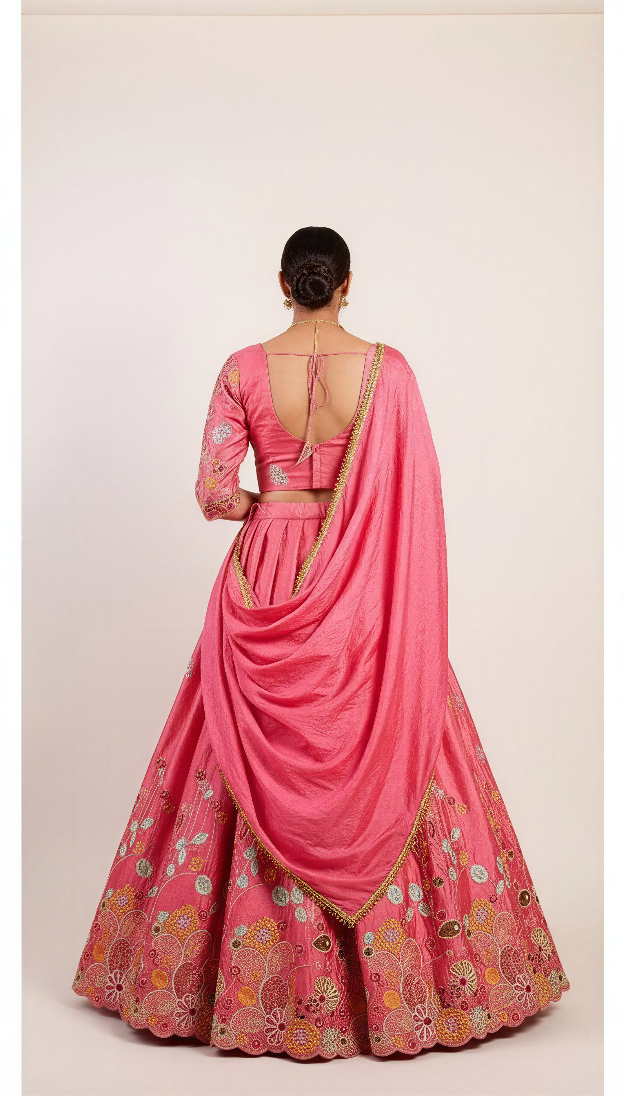 Peachy Pink Machine Thread and Sequins Embroidery Lehenga Set