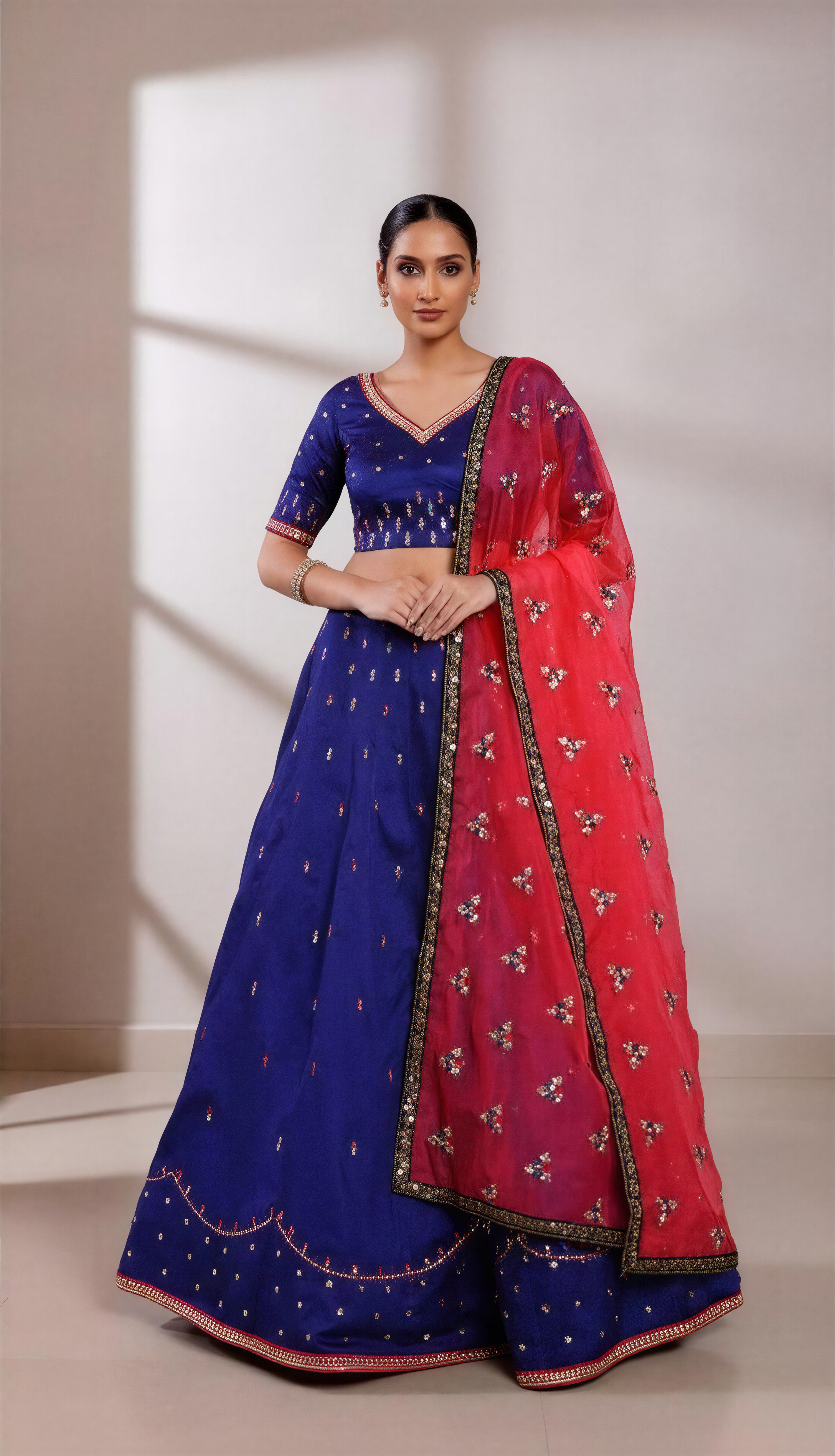 Royal Blue with Magenta Pink Lehenga Set with Hand Sequins Embroidery