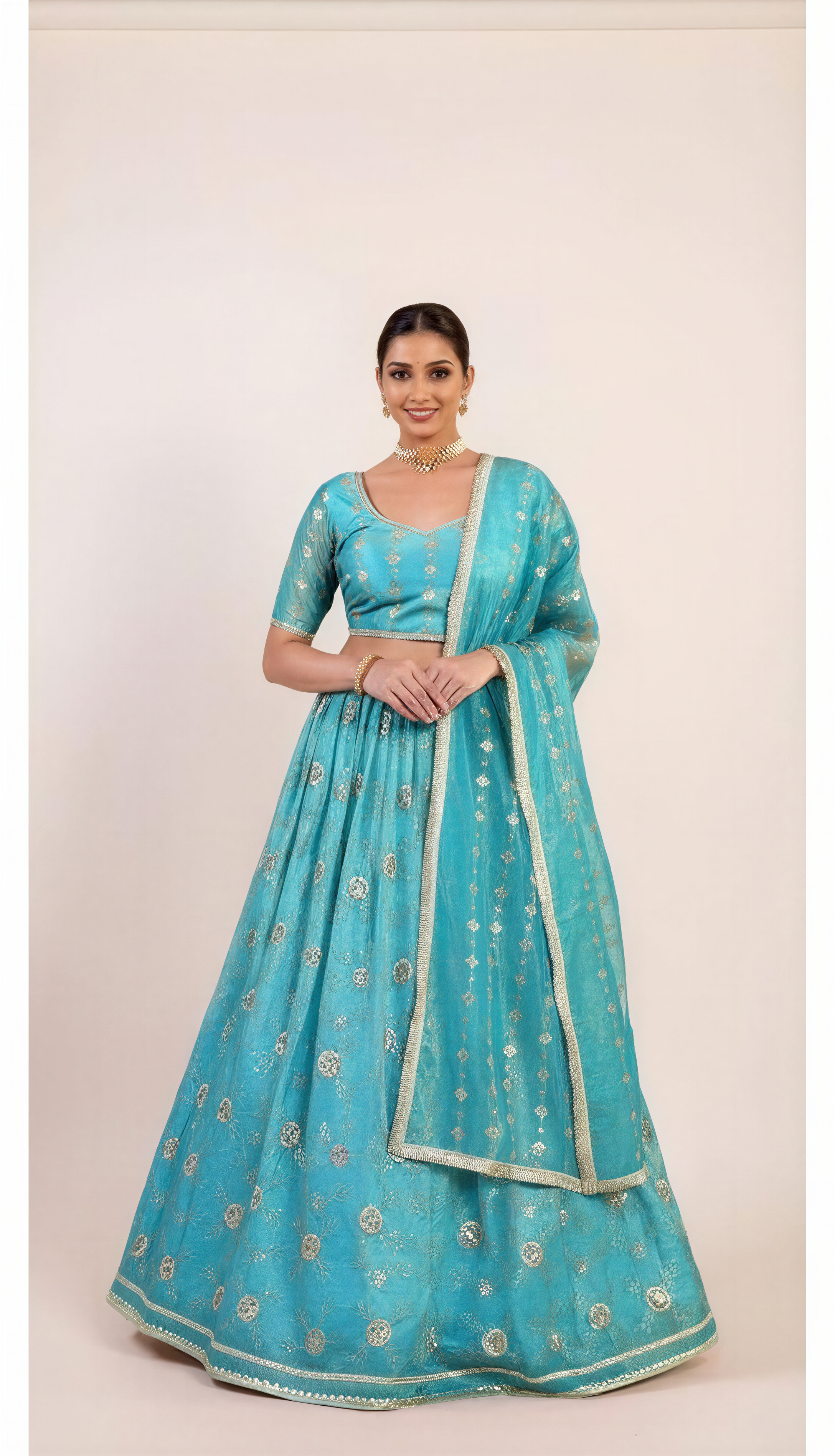 Turquoise Blue Lehenga Set with Light Gold Zari Embroidery work