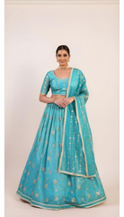 Turquoise Blue Lehenga Set with Light Gold Zari Embroidery work