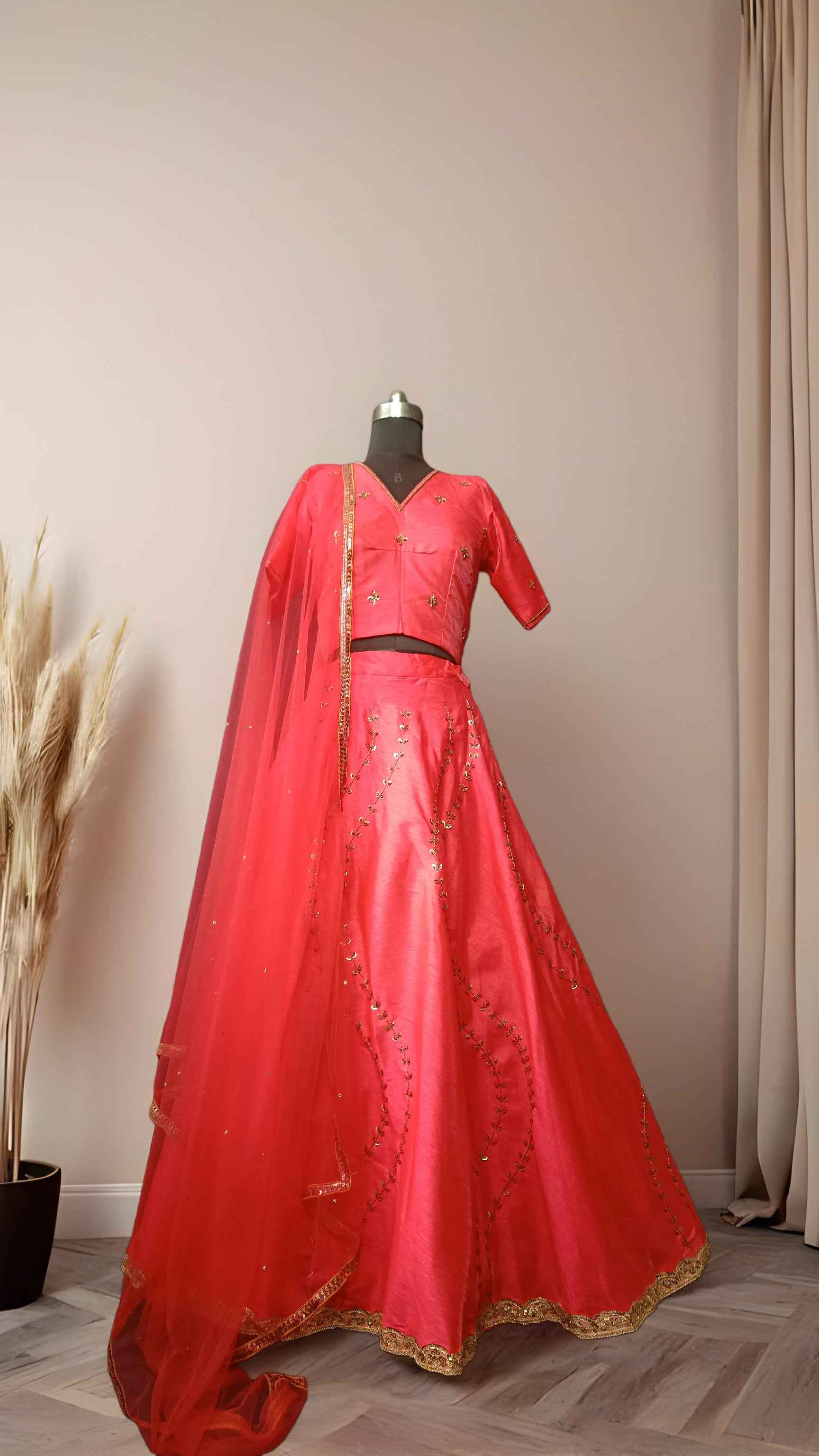 Sunrise Red Lehenga Set with Golden Sequin and Beads Handwork
