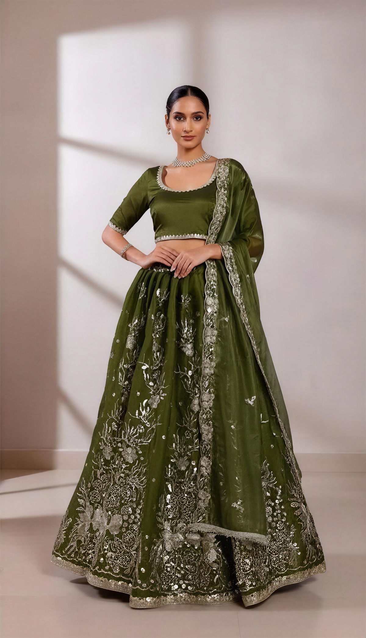 Shamrock Green Lehenga Set with Golden Zari Machine Embroidery