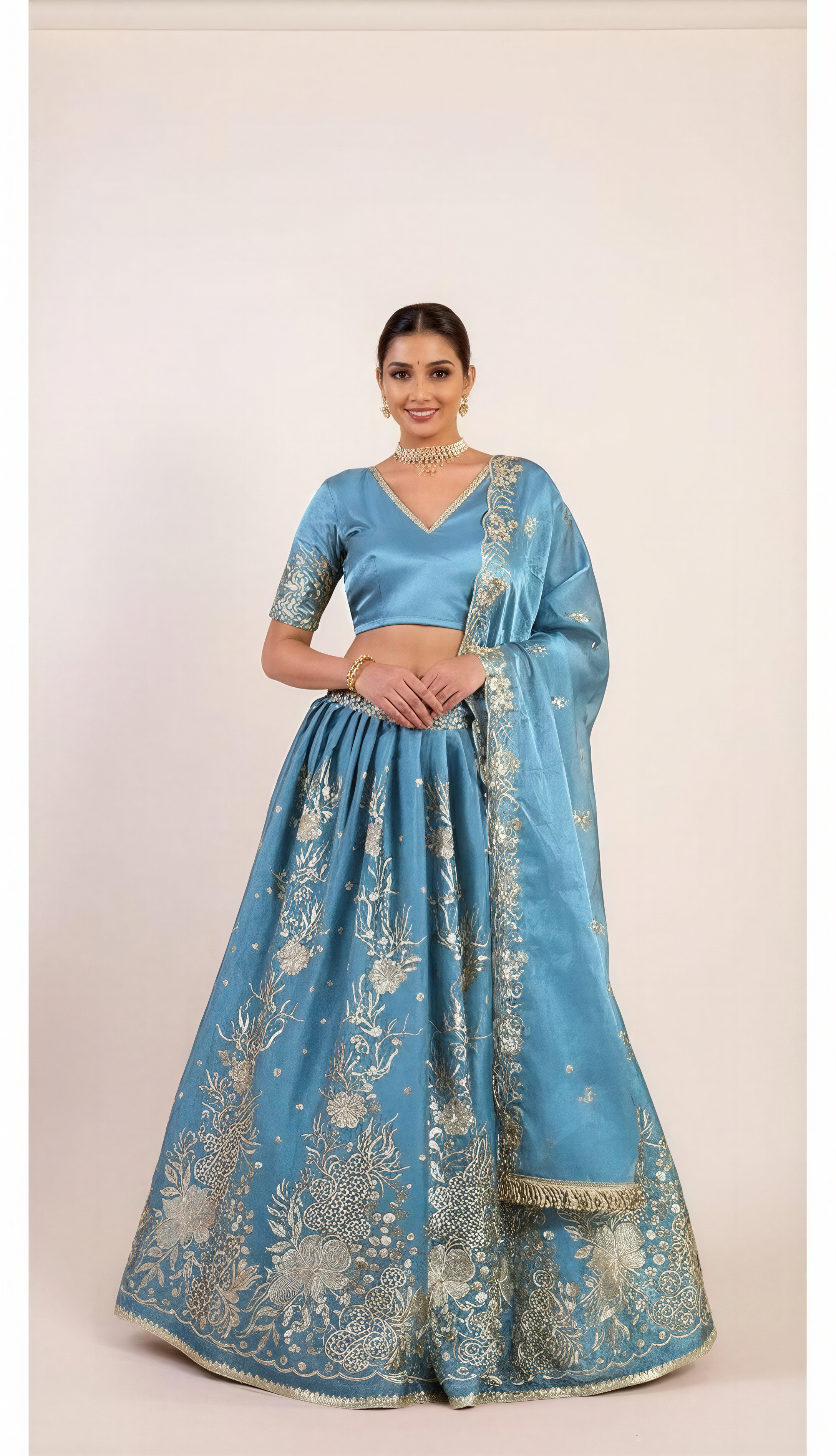 Ocean Blue Lehenga Set with Light Gold Zari Machine Embroidery work