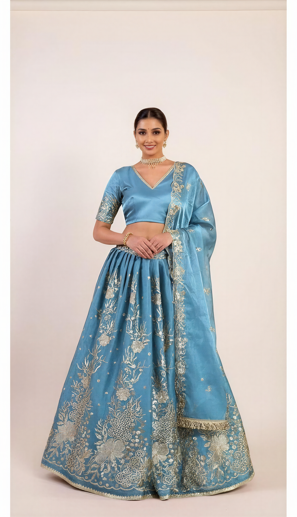Ocean Blue Lehenga Set with Light Gold Zari Machine Embroidery work
