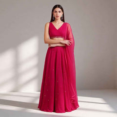Chinon Plain Red Lehenga Set with Minimalisic Hand Work