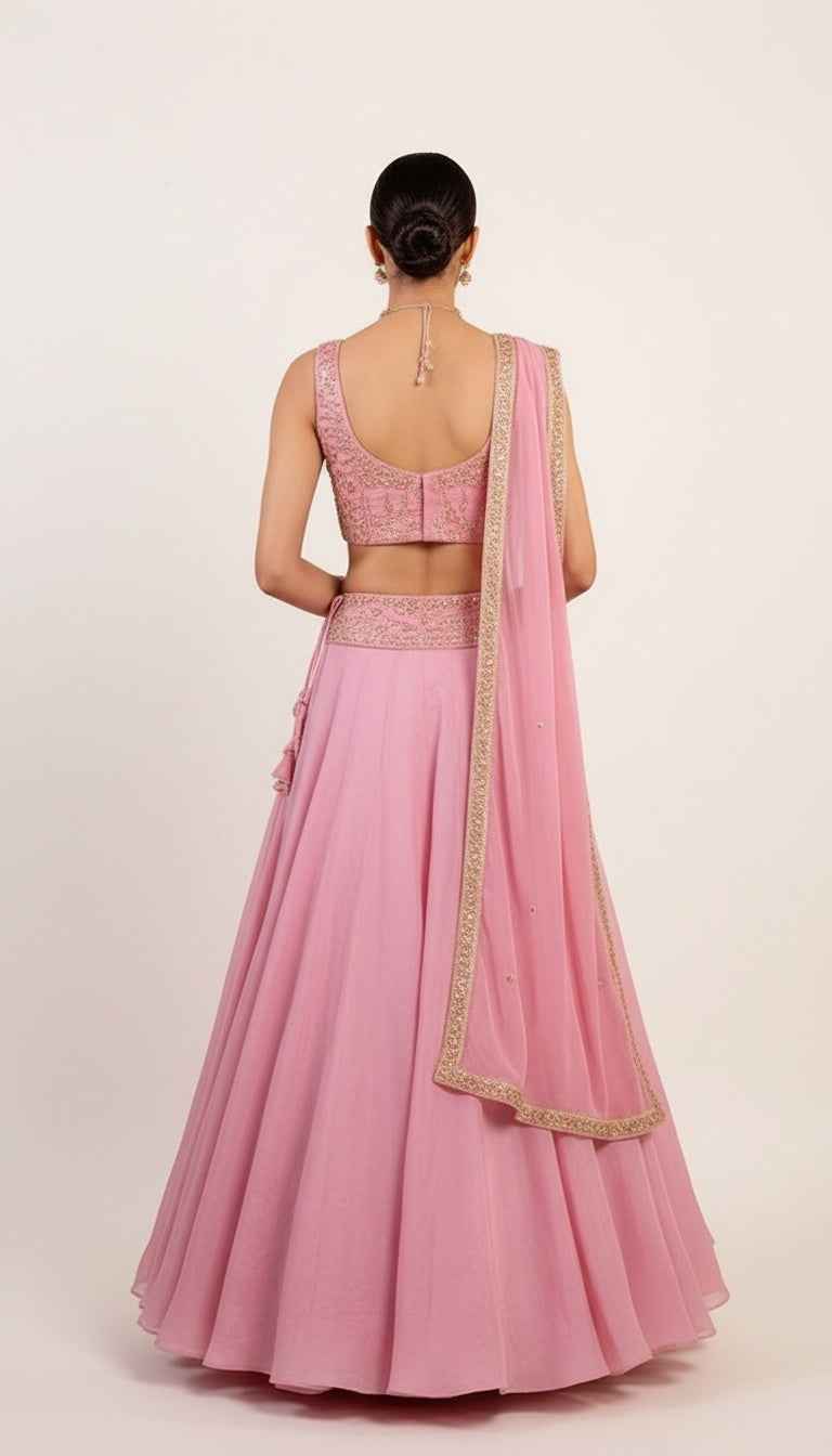 Blossom Pink Lehenga Set with Minimalisic Golden Hand Embroidery
