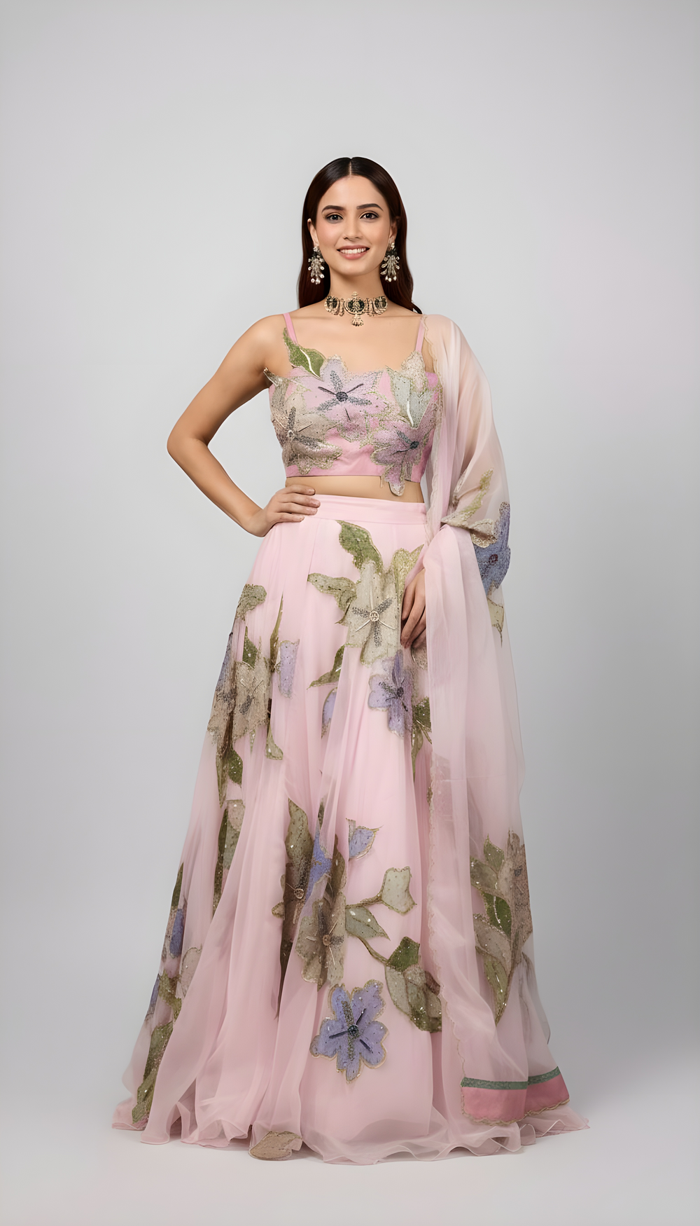 Purple Pink Lehenga Set with hand painted with embroidered