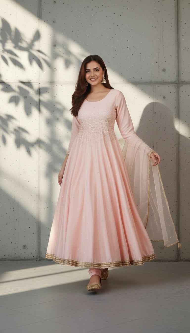Light Baby Pink Anarkali Set with Duptta with Small Golden Sequin Work