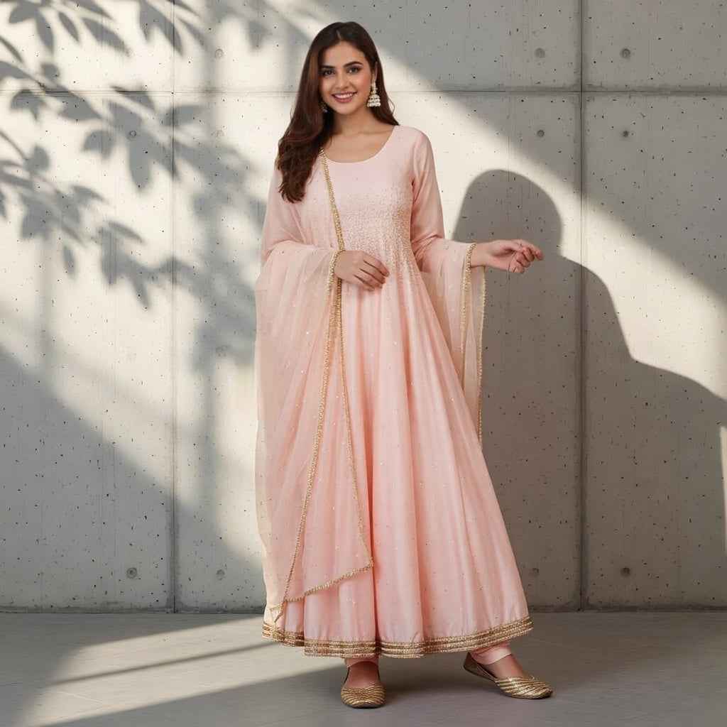 Light Baby Pink Anarkali Set with Duptta with Small Golden Sequin Work
