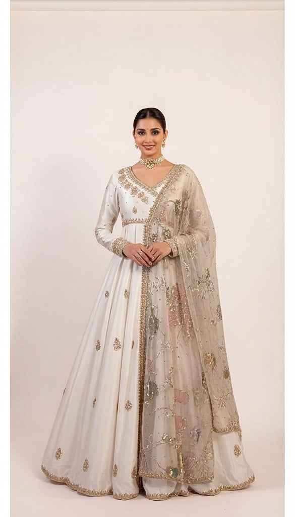 Off White One Piece Gown With Handembroidery and Handpainted Dupatta